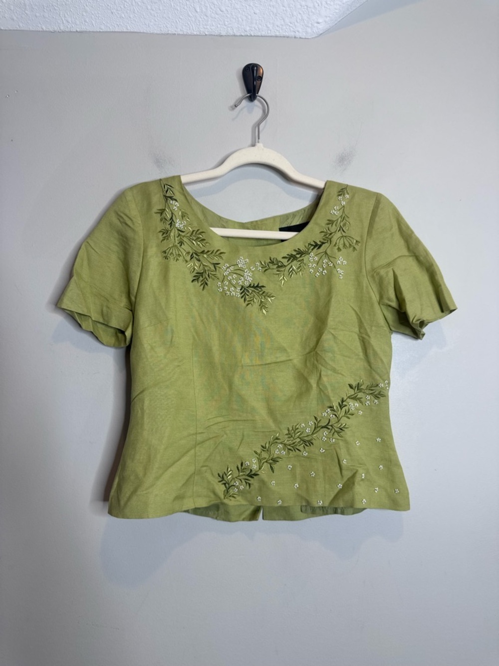 VTG Y2K Linen Blend Beaded Embroidered Baby Tee Crop Top 6 Small Garden Party